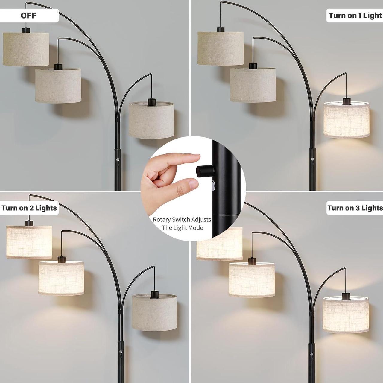 Alt view image 2 of 7 - SUNMORY 3 Lights Floor Lamp for Living Room, 78" Tall Standing Lamp with Hanging Drum Shade, Modern Arc Floor Lamps with Heavy Base, Mid Century Arched Tree Floor Lamp for Bedroom, Office, Corner