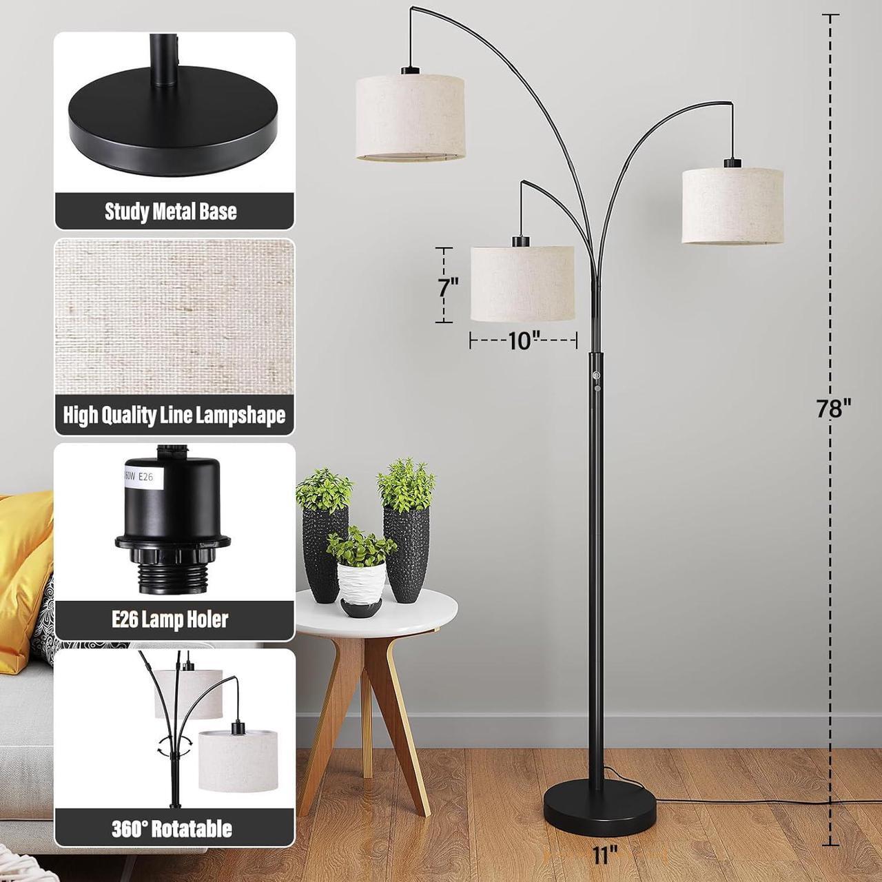 Alt view image 3 of 7 - SUNMORY 3 Lights Floor Lamp for Living Room, 78" Tall Standing Lamp with Hanging Drum Shade, Modern Arc Floor Lamps with Heavy Base, Mid Century Arched Tree Floor Lamp for Bedroom, Office, Corner