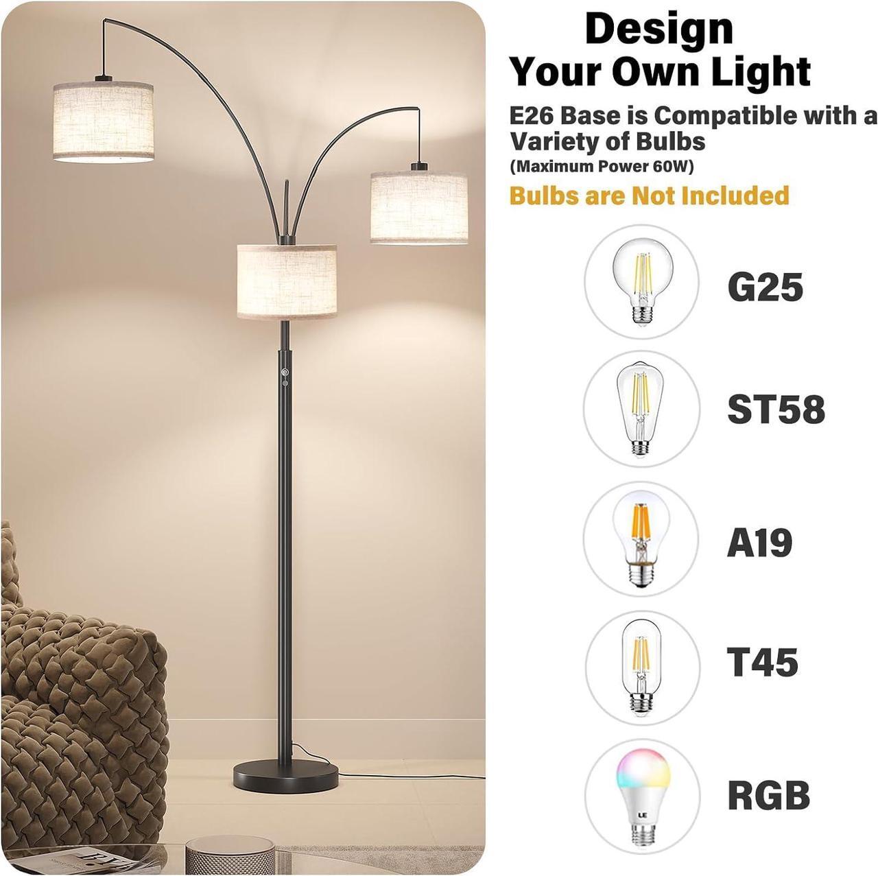 Alt view image 4 of 7 - SUNMORY 3 Lights Floor Lamp for Living Room, 78" Tall Standing Lamp with Hanging Drum Shade, Modern Arc Floor Lamps with Heavy Base, Mid Century Arched Tree Floor Lamp for Bedroom, Office, Corner