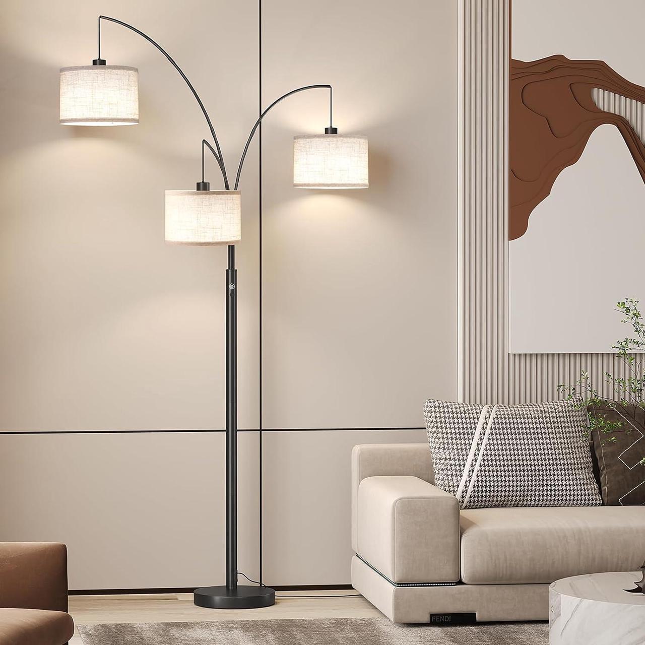 Alt view image 5 of 7 - SUNMORY 3 Lights Floor Lamp for Living Room, 78" Tall Standing Lamp with Hanging Drum Shade, Modern Arc Floor Lamps with Heavy Base, Mid Century Arched Tree Floor Lamp for Bedroom, Office, Corner