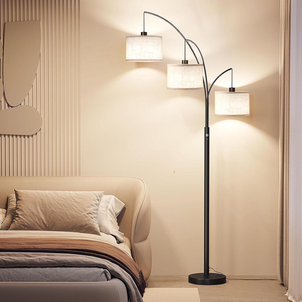Alt view image 6 of 7 - SUNMORY 3 Lights Floor Lamp for Living Room, 78" Tall Standing Lamp with Hanging Drum Shade, Modern Arc Floor Lamps with Heavy Base, Mid Century Arched Tree Floor Lamp for Bedroom, Office, Corner