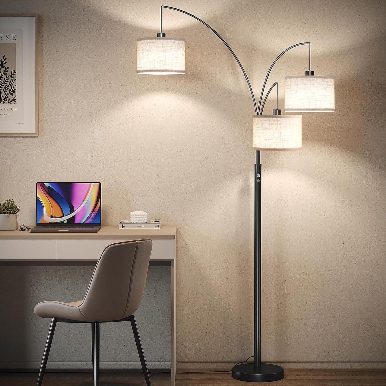 Alt view image 7 of 7 - SUNMORY 3 Lights Floor Lamp for Living Room, 78" Tall Standing Lamp with Hanging Drum Shade, Modern Arc Floor Lamps with Heavy Base, Mid Century Arched Tree Floor Lamp for Bedroom, Office, Corner