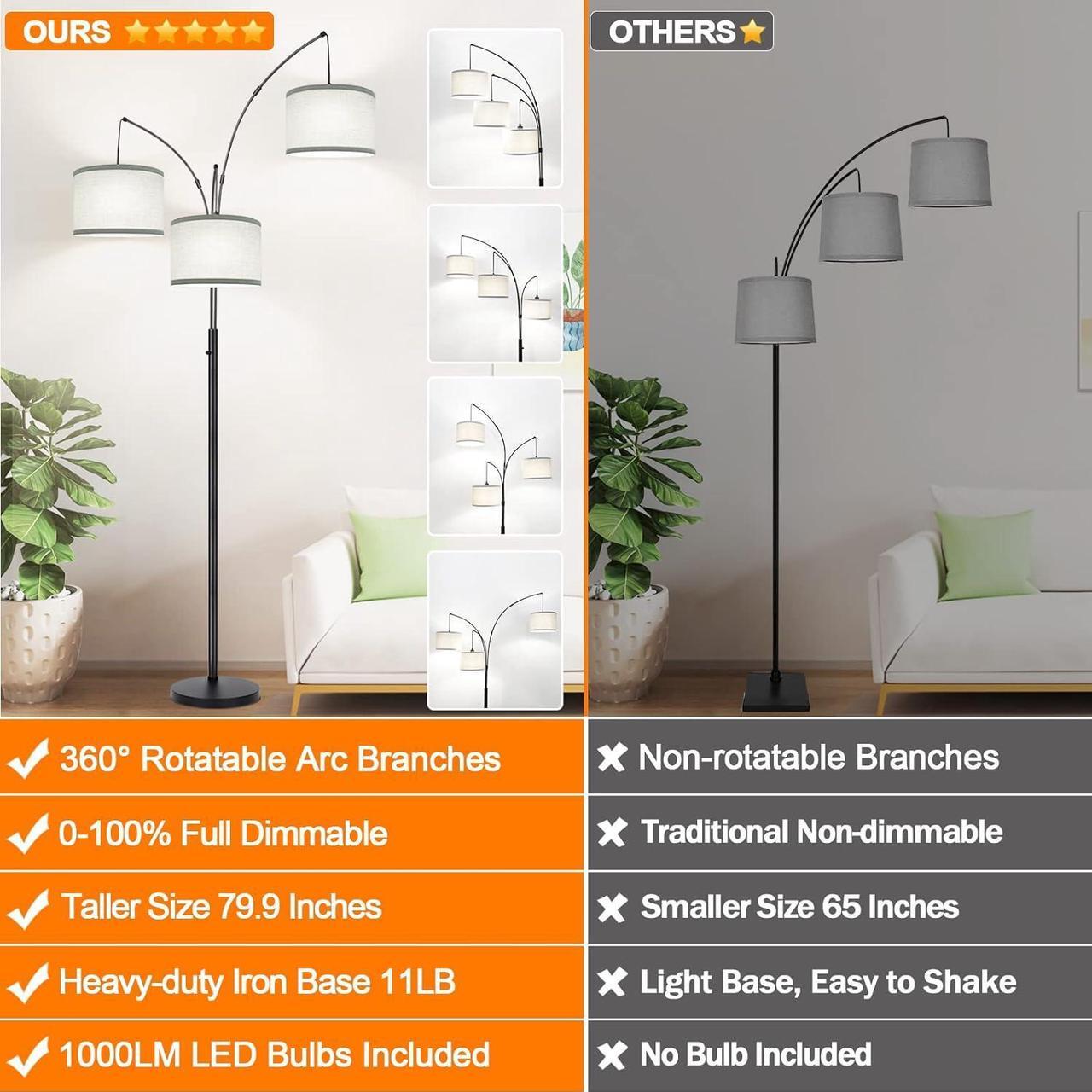 Alt view image 2 of 7 - Dimmable Floor Lamp - 3 Lights Arc Floor Lamps for Living Room, 1000LM Modern Tall Standing Lamp With Gray Shades & Heavy Base, Mid Century Tree Floor Lamp for Bedroom Office, 3 LED Bulbs Included