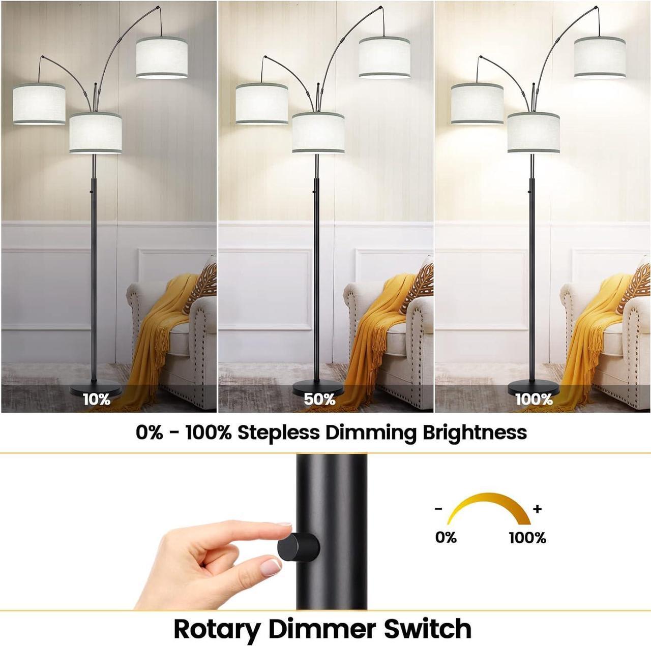 Alt view image 3 of 7 - Dimmable Floor Lamp - 3 Lights Arc Floor Lamps for Living Room, 1000LM Modern Tall Standing Lamp With Gray Shades & Heavy Base, Mid Century Tree Floor Lamp for Bedroom Office, 3 LED Bulbs Included