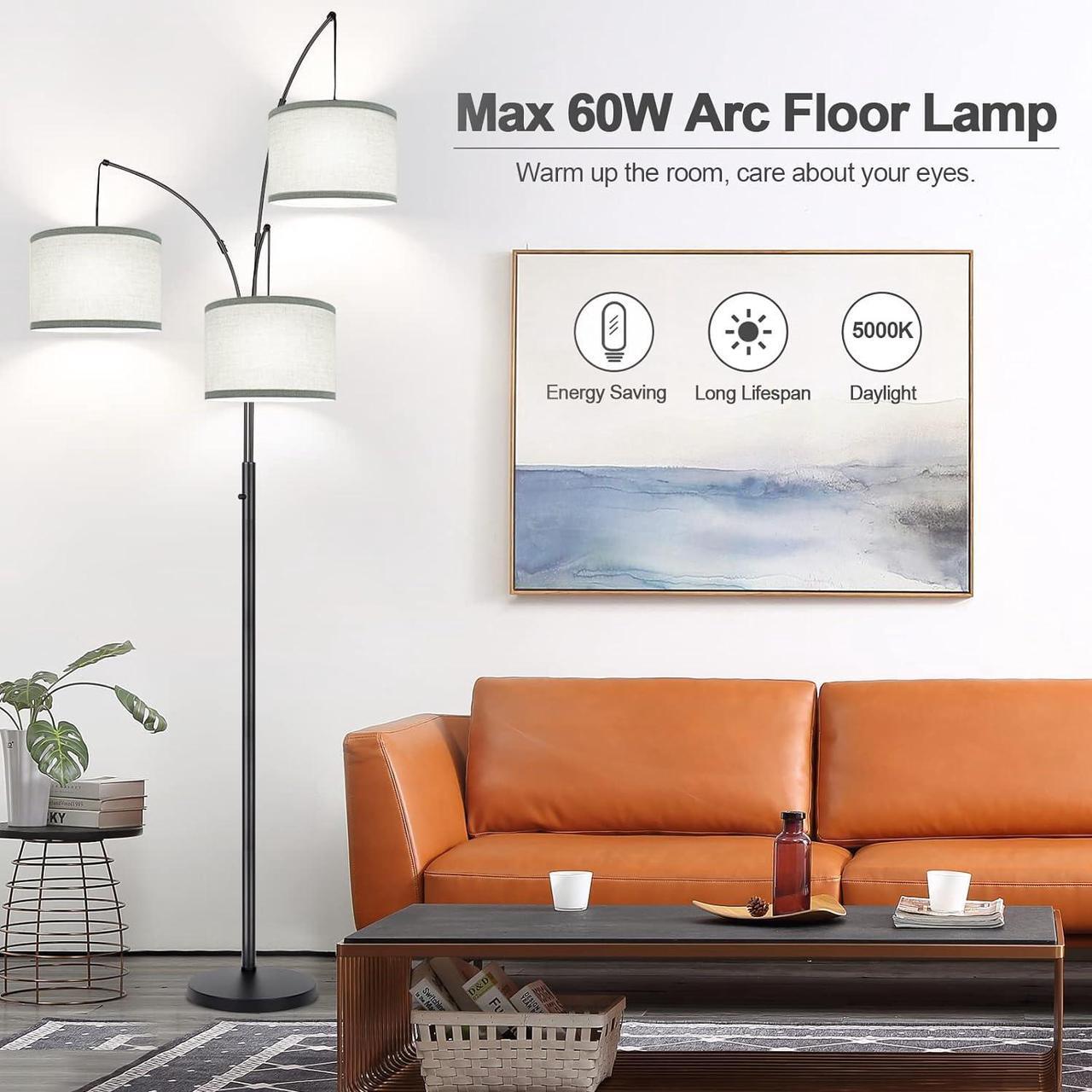 Alt view image 4 of 7 - Dimmable Floor Lamp - 3 Lights Arc Floor Lamps for Living Room, 1000LM Modern Tall Standing Lamp With Gray Shades & Heavy Base, Mid Century Tree Floor Lamp for Bedroom Office, 3 LED Bulbs Included