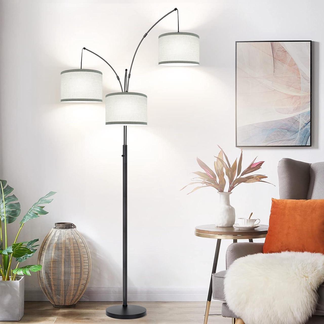 Alt view image 5 of 7 - Dimmable Floor Lamp - 3 Lights Arc Floor Lamps for Living Room, 1000LM Modern Tall Standing Lamp With Gray Shades & Heavy Base, Mid Century Tree Floor Lamp for Bedroom Office, 3 LED Bulbs Included