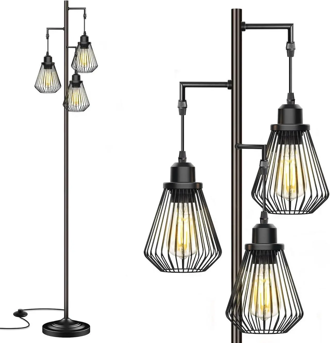Main image of Industrial Floor Lamps for Living Room, Farmhouse Standing Lamp with 3 Hanging Teardrop Cage Shades, 68" Modern Rustic Tree Tall Lamps with Pedal Switch for Bedroom Office Home Light Decor, Black