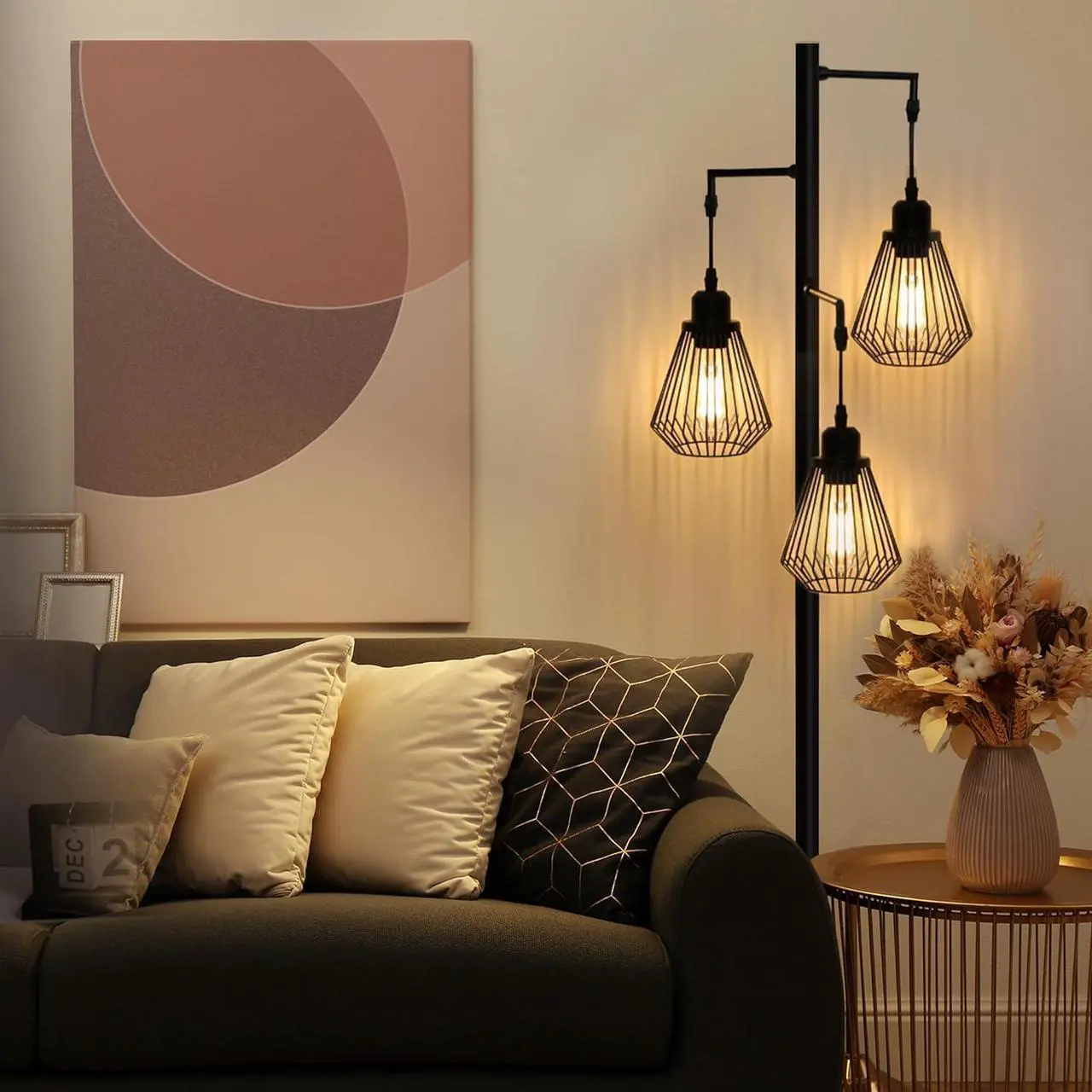 Alt view image 3 of 7 - Industrial Floor Lamps for Living Room, Farmhouse Standing Lamp with 3 Hanging Teardrop Cage Shades, 68" Modern Rustic Tree Tall Lamps with Pedal Switch for Bedroom Office Home Light Decor, Black