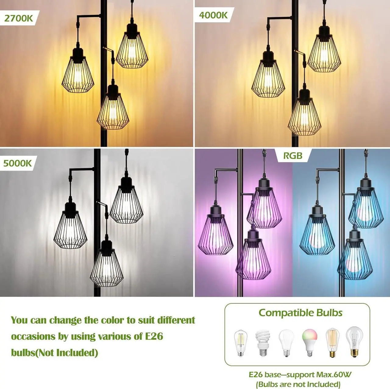 Alt view image 5 of 7 - Industrial Floor Lamps for Living Room, Farmhouse Standing Lamp with 3 Hanging Teardrop Cage Shades, 68" Modern Rustic Tree Tall Lamps with Pedal Switch for Bedroom Office Home Light Decor, Black