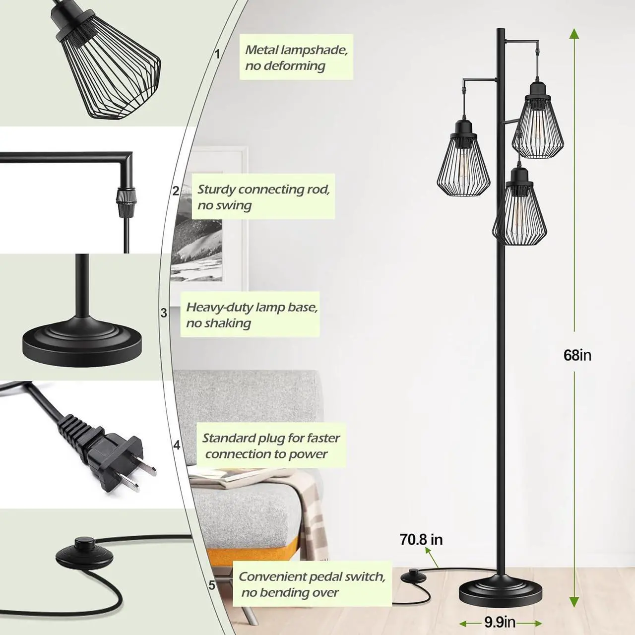 Alt view image 7 of 7 - Industrial Floor Lamps for Living Room, Farmhouse Standing Lamp with 3 Hanging Teardrop Cage Shades, 68" Modern Rustic Tree Tall Lamps with Pedal Switch for Bedroom Office Home Light Decor, Black
