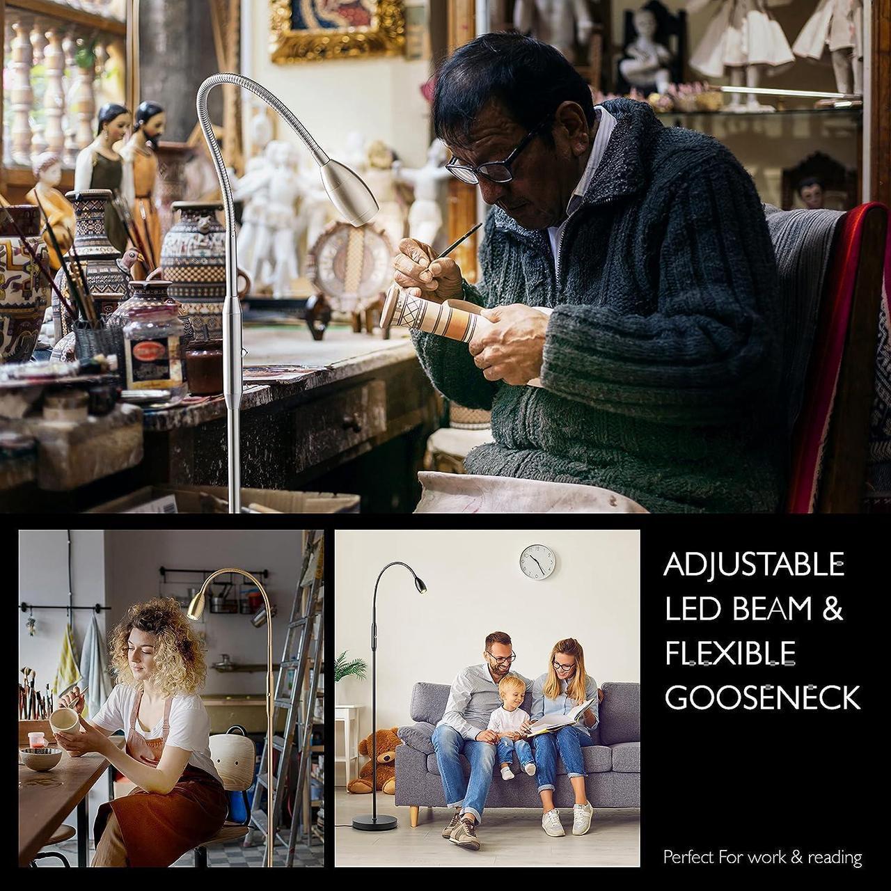 Alt view image 2 of 7 - OBright Ray  Adjustable LED Beam Floor Lamp, Dimmable and Zoomable Spotlight, Flexible Gooseneck, Reading/Crafting Standing Lamp, Work Table Light, Antique Brass