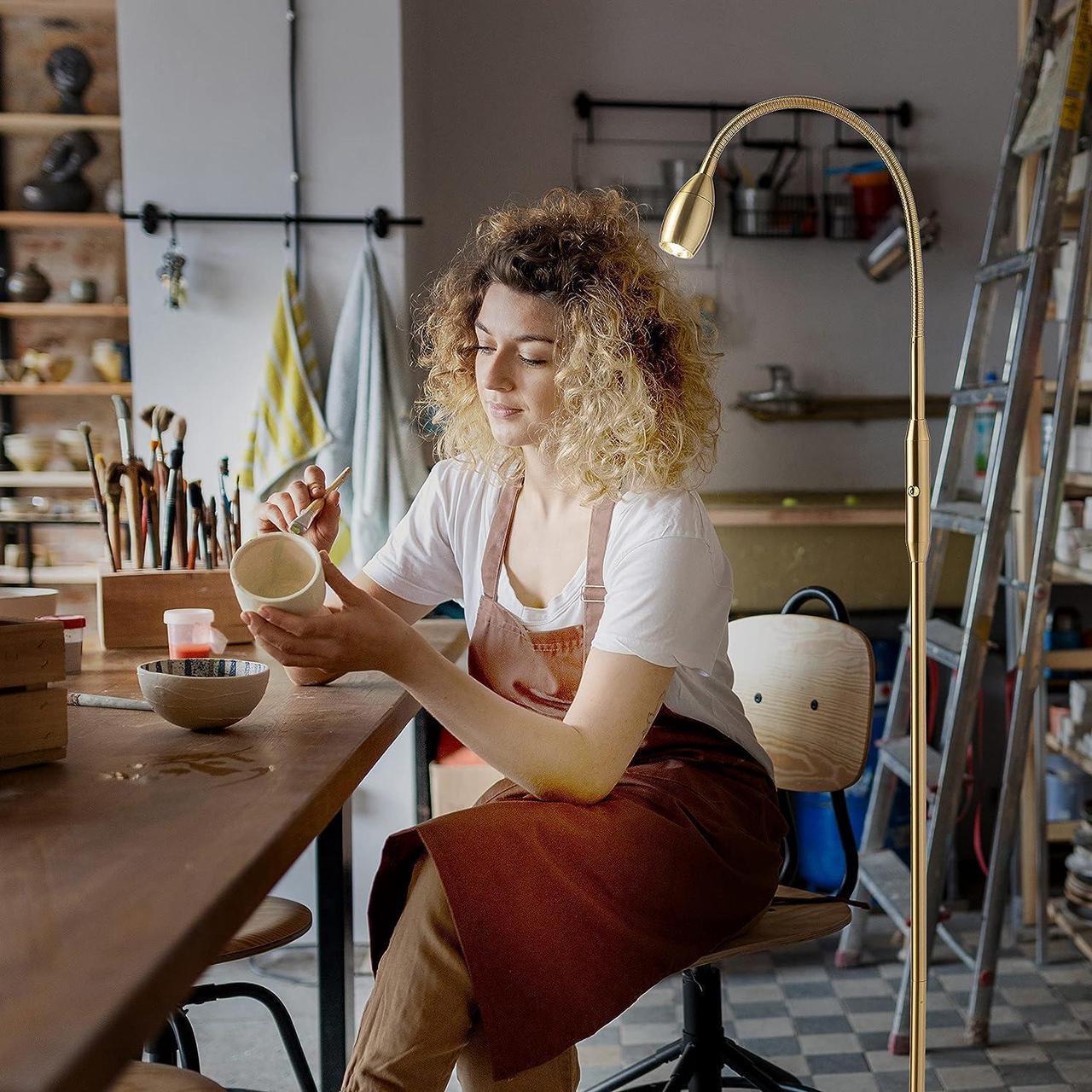 Alt view image 6 of 7 - OBright Ray  Adjustable LED Beam Floor Lamp, Dimmable and Zoomable Spotlight, Flexible Gooseneck, Reading/Crafting Standing Lamp, Work Table Light, Antique Brass