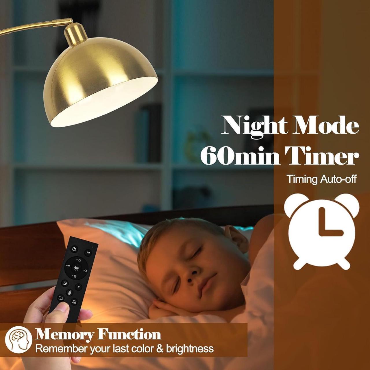 Alt view image 2 of 7 - Upgraded Arc Floor Lamps for Living Room - Stepless Dimmable Gold Tall Lamp with Remote Control & Color Temperature 9W LED Bulb, Over Couch Arched Reading Standing Lamp for Bedroom Brass