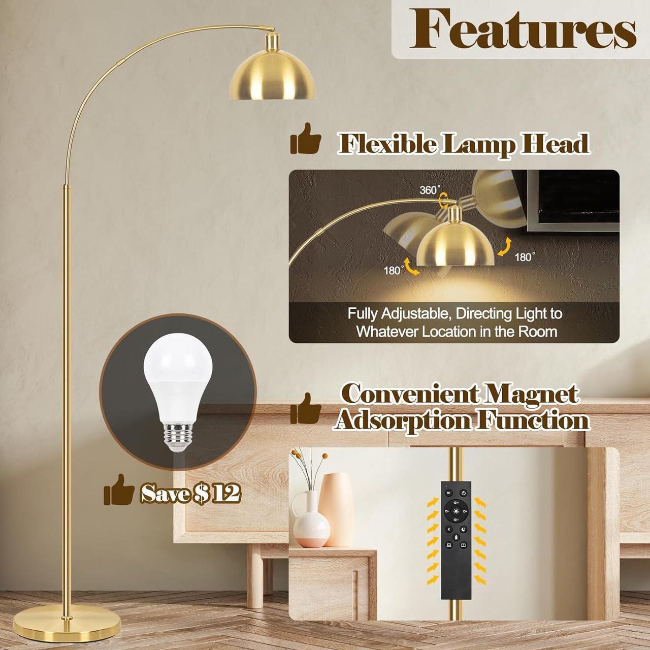 Alt view image 3 of 7 - Upgraded Arc Floor Lamps for Living Room - Stepless Dimmable Gold Tall Lamp with Remote Control & Color Temperature 9W LED Bulb, Over Couch Arched Reading Standing Lamp for Bedroom Brass