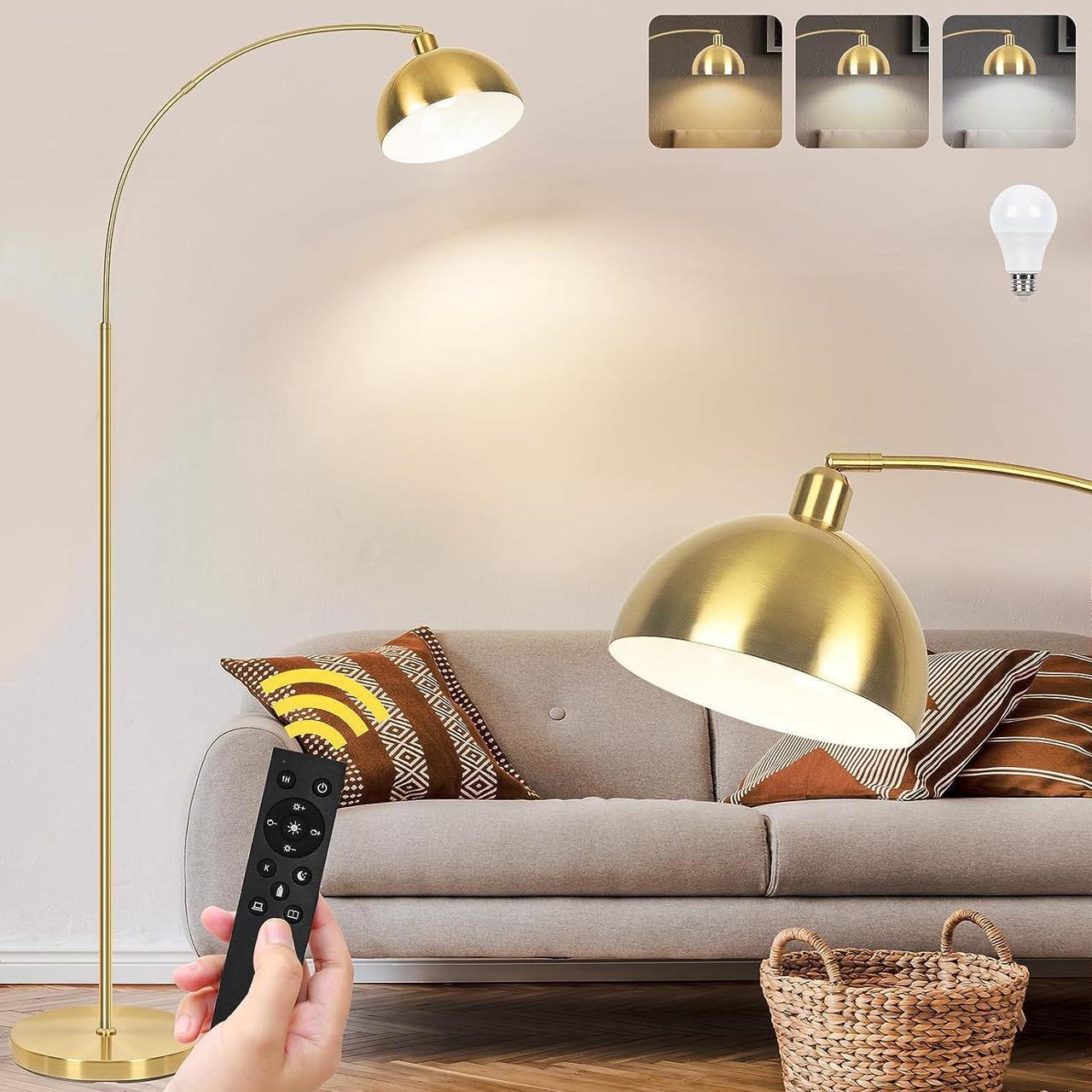 Main image of Upgraded Arc Floor Lamps for Living Room - Stepless Dimmable Gold Tall Lamp with Remote Control & Color Temperature 9W LED Bulb, Over Couch Arched Reading Standing Lamp for Bedroom Brass