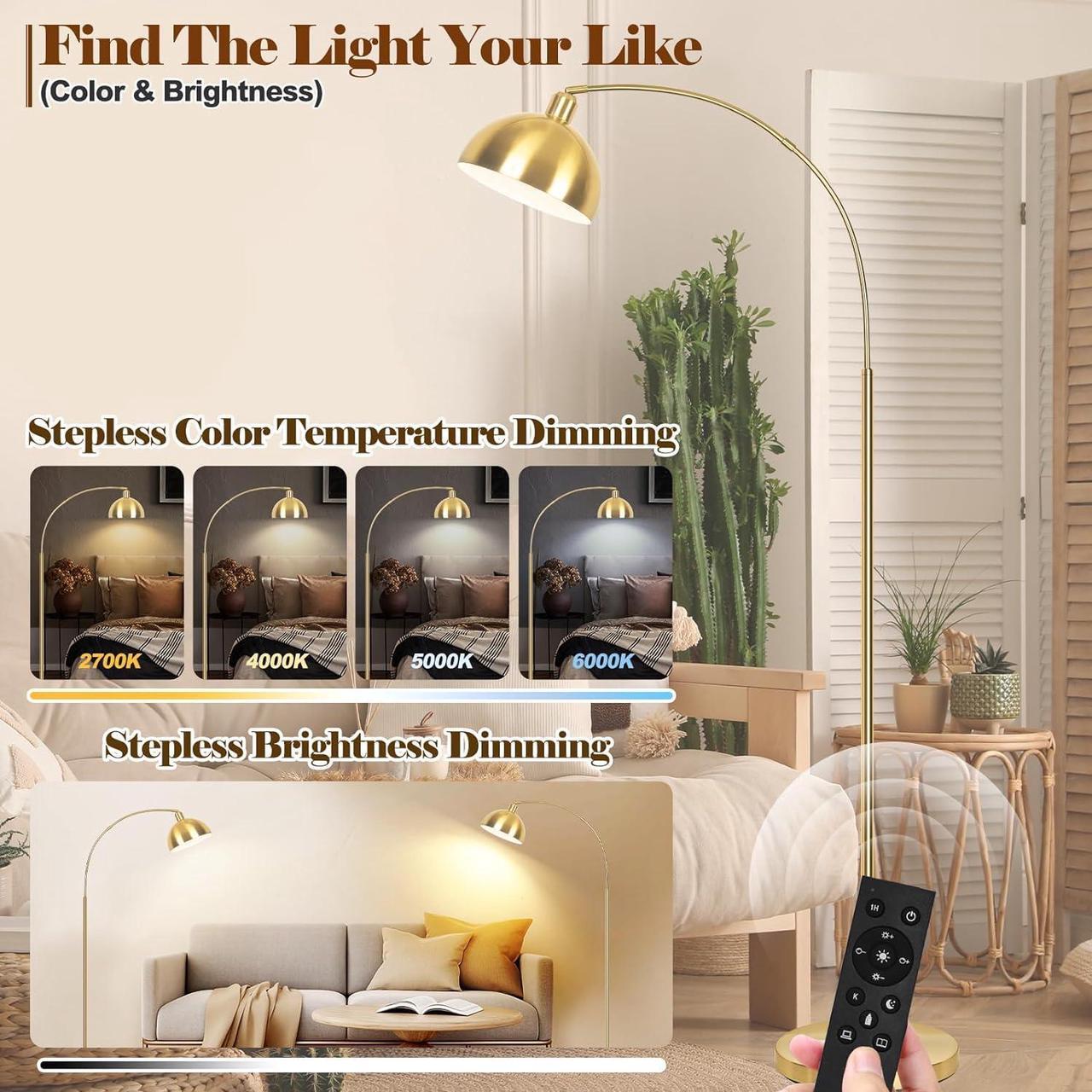 Alt view image 4 of 7 - Upgraded Arc Floor Lamps for Living Room - Stepless Dimmable Gold Tall Lamp with Remote Control & Color Temperature 9W LED Bulb, Over Couch Arched Reading Standing Lamp for Bedroom Brass