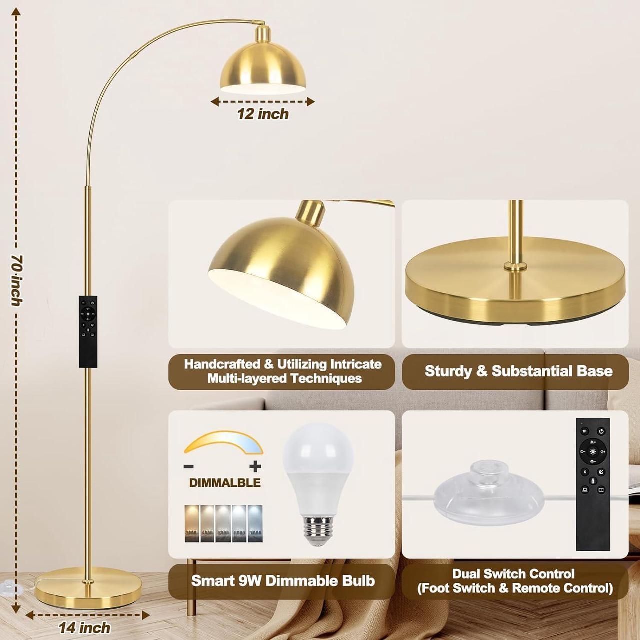 Alt view image 5 of 7 - Upgraded Arc Floor Lamps for Living Room - Stepless Dimmable Gold Tall Lamp with Remote Control & Color Temperature 9W LED Bulb, Over Couch Arched Reading Standing Lamp for Bedroom Brass