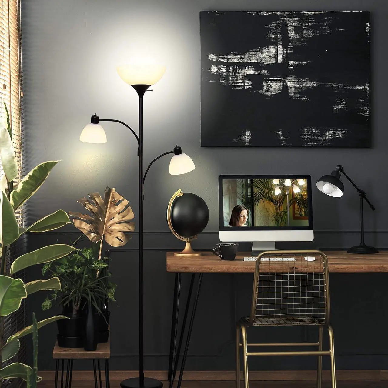 Alt view image 7 of 7 - Brightech Sky Dome Double LED Floor lamp, Torchiere Super Bright Floor Lamp with 2 Reading Lamps for Living Rooms & Offices - Dimmable Tall Standing Lamp for Bedroom Reading - Tall Black Pole