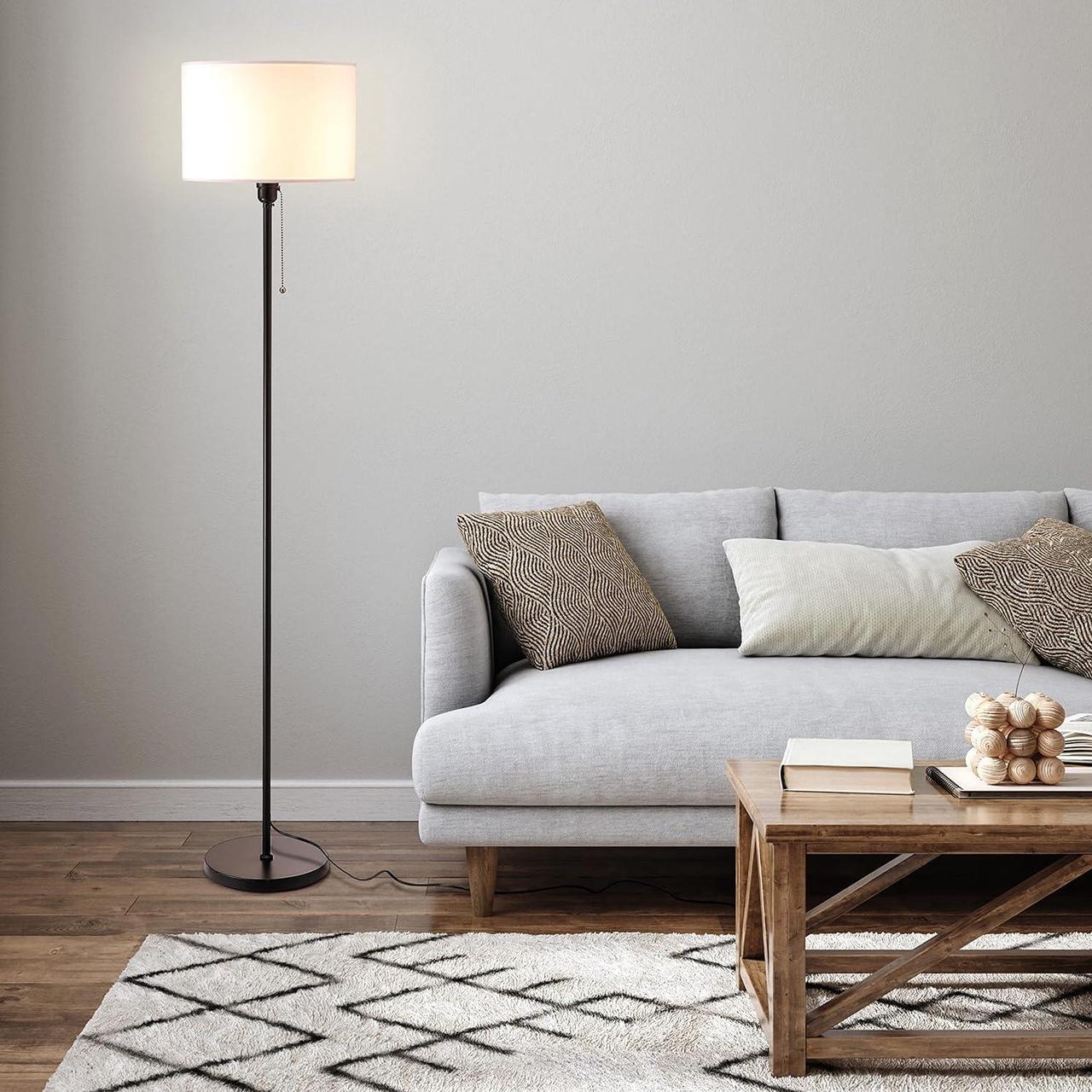 Alt view image 6 of 7 - OBright Ted - Drum Shade Standing Lamp, Pull Chain Switch, E26 Socket, Modern Minimalist Design, Simple Floor Lamp for Living Room, Bedroom, Office, Black