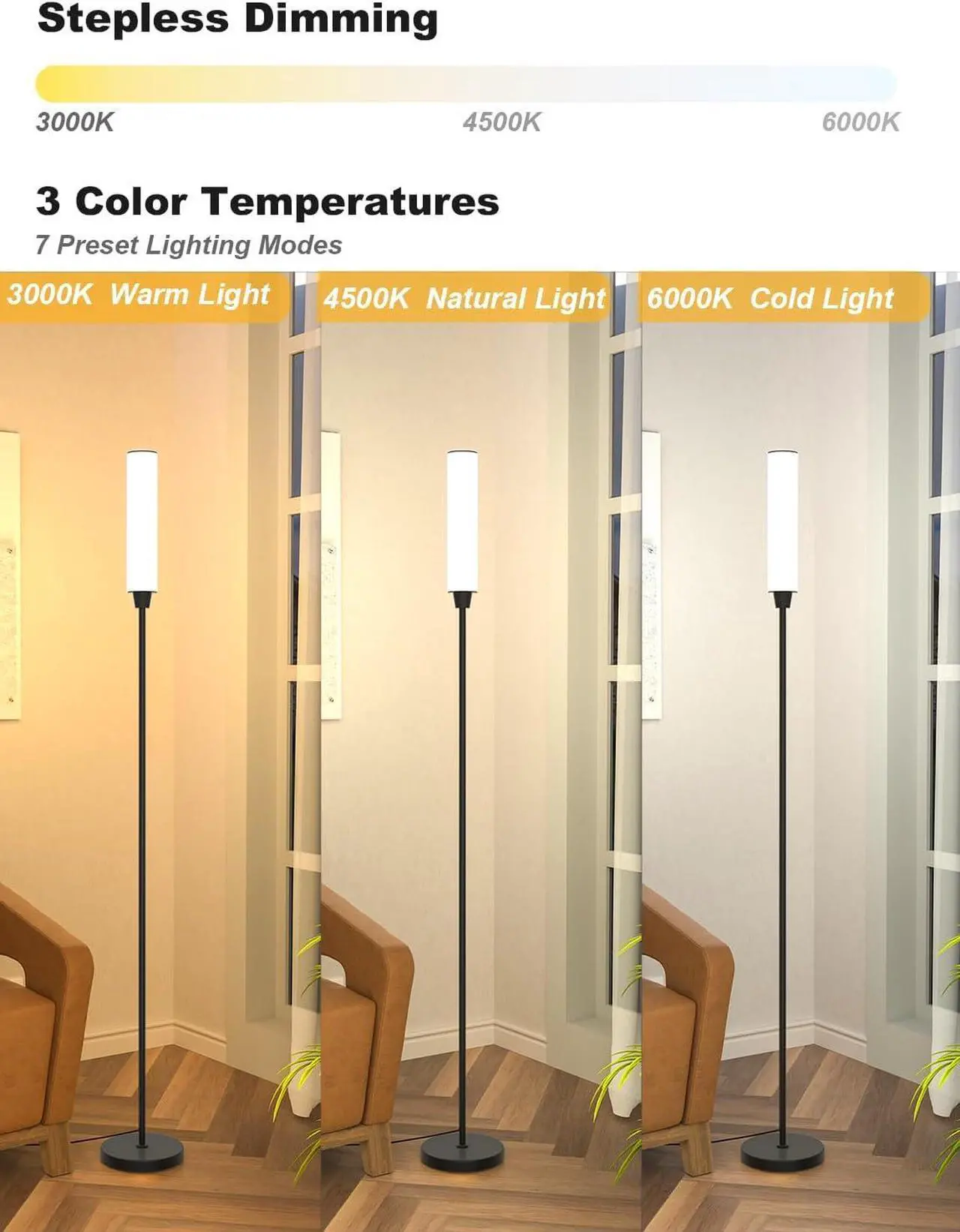 Alt view image 3 of 6 - Floor Lamps for Living Room, Upgrade Moder Floor Lamp with Remote Control, Full Range Dimming Minimalist Standing Lamp Perfect for Living Room, Bedrooms and Office (Black)
