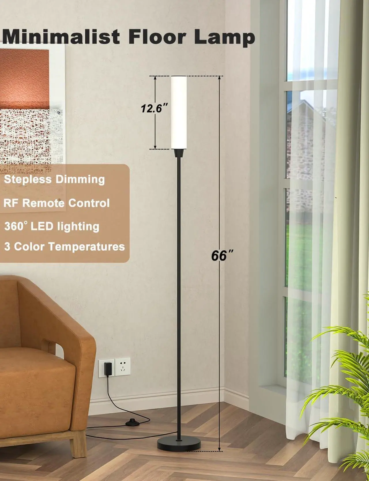 Alt view image 2 of 6 - Floor Lamps for Living Room, Upgrade Moder Floor Lamp with Remote Control, Full Range Dimming Minimalist Standing Lamp Perfect for Living Room, Bedrooms and Office (Black)