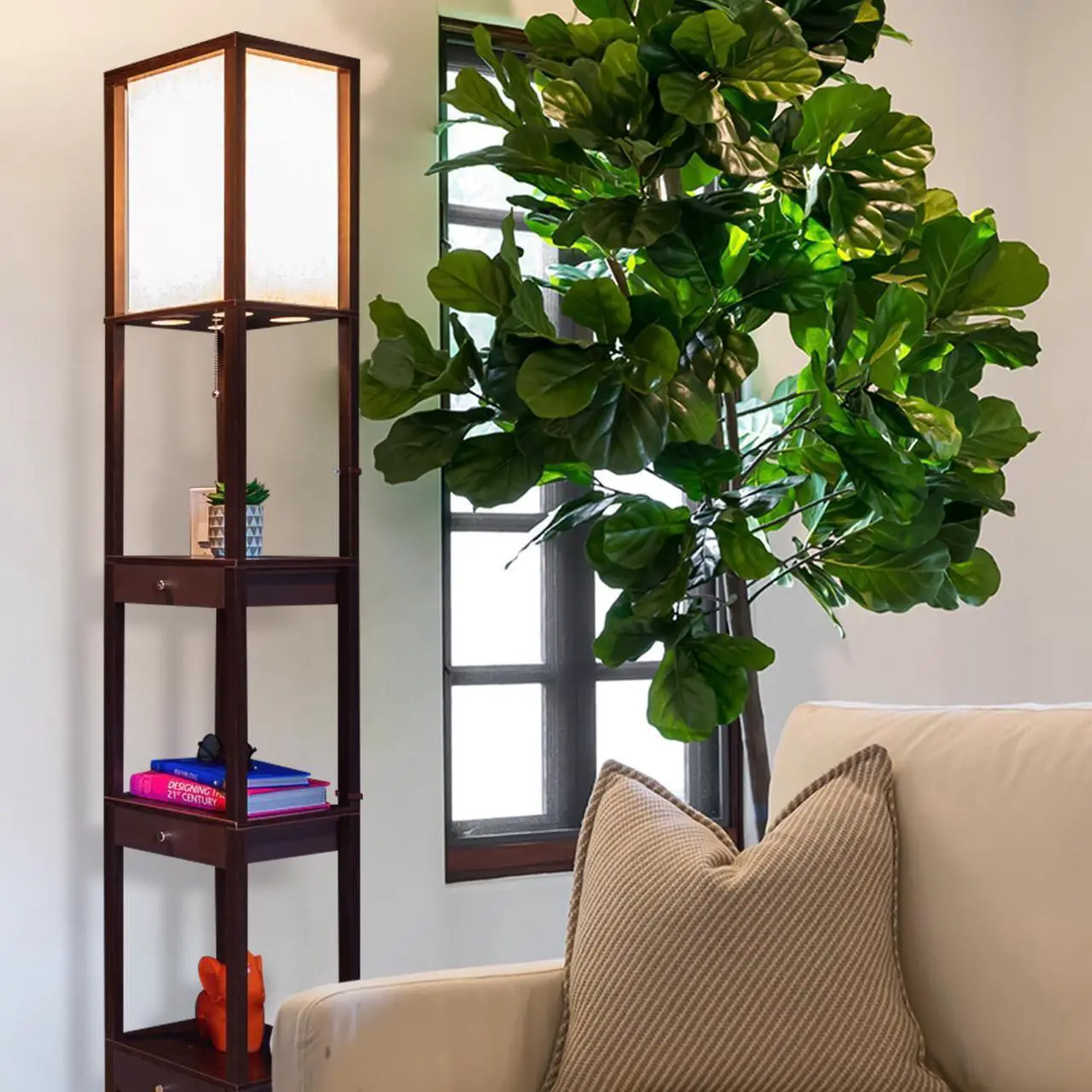 Alt view image 3 of 7 - Brightech Maxwell Drawer Edition - Modern Shelf Floor Lamp with Drawer - Corner Display Floor Lamps with Shelves for Living Room, Bedroom and Office - Havana Brown