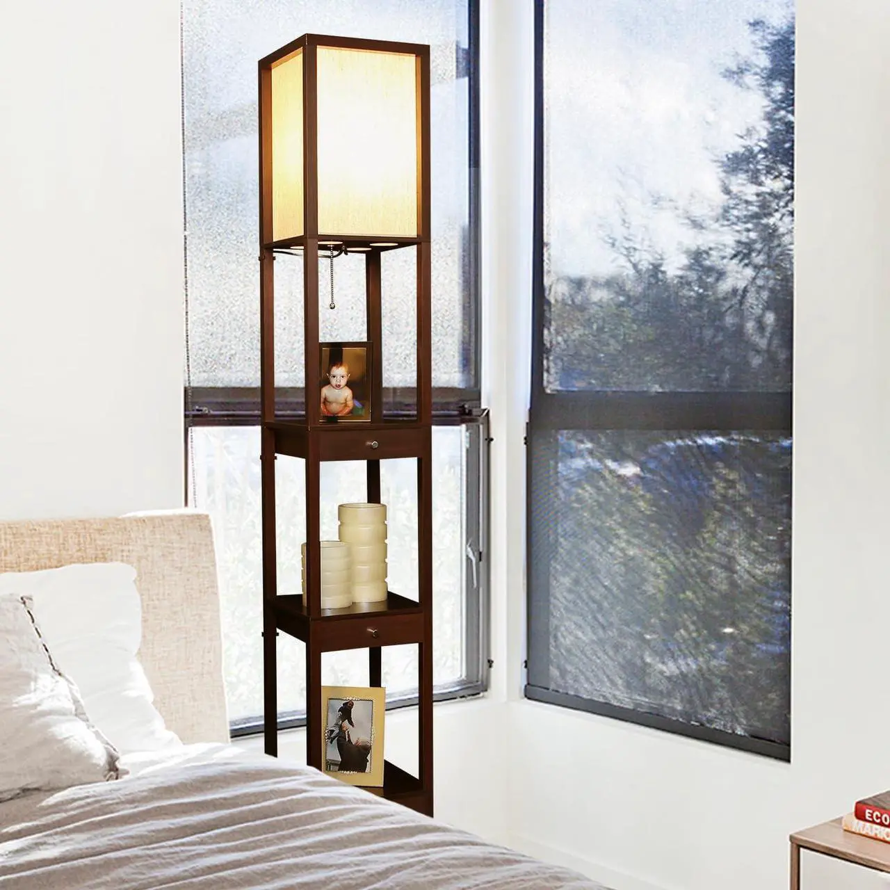 Alt view image 4 of 7 - Brightech Maxwell Drawer Edition - Modern Shelf Floor Lamp with Drawer - Corner Display Floor Lamps with Shelves for Living Room, Bedroom and Office - Havana Brown