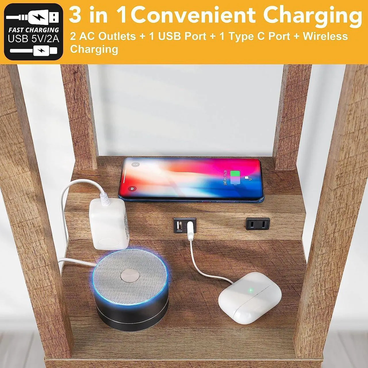 Alt view image 2 of 7 - Mlambert Modern Shelf Floor Lamp with Wireless Charger & Fast Charging USB Ports & Type C Port & 2 Power Outlets,3 Tier Storage Lamp for Bedroom(Wood)