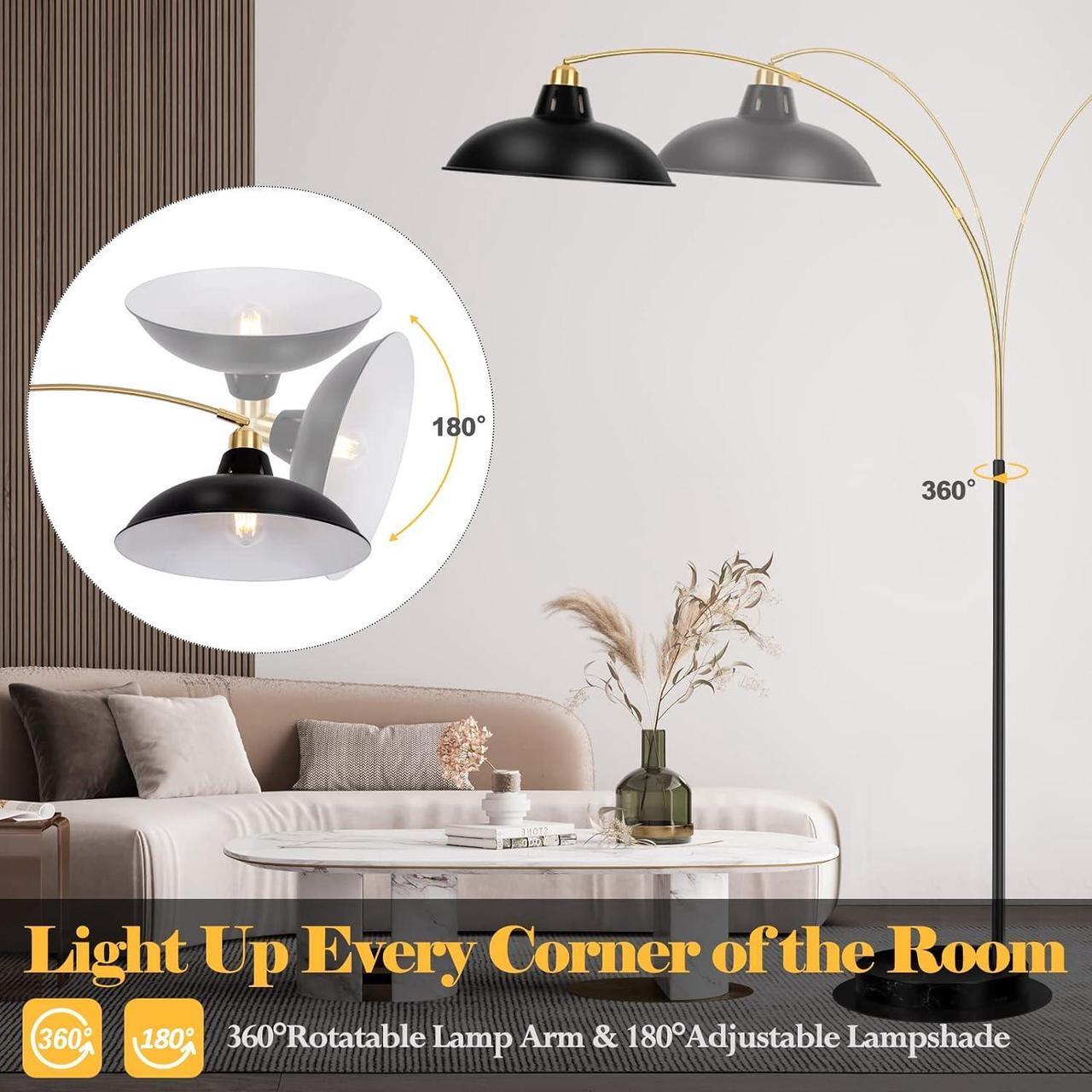 Alt view image 2 of 7 - Arc Floor Lamp for Living Room, Marble Base Standing Lamp - Black Gold Floor Lamps with 360° Rotatable Arm, Industrial Tall Lamp Metal Material, Reading Lamp for Bedroom Couch Sofa Desk