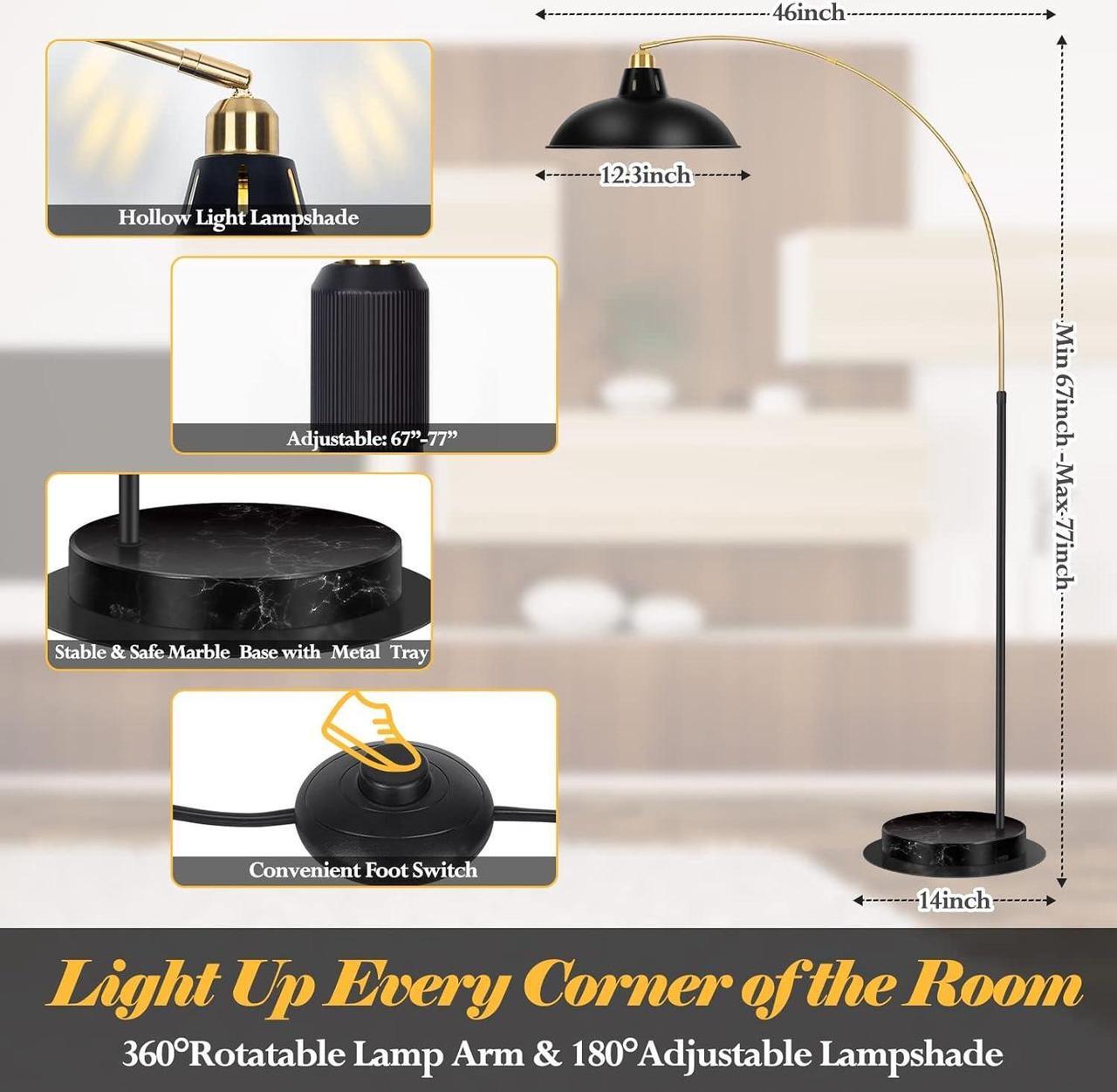 Alt view image 5 of 7 - Arc Floor Lamp for Living Room, Marble Base Standing Lamp - Black Gold Floor Lamps with 360° Rotatable Arm, Industrial Tall Lamp Metal Material, Reading Lamp for Bedroom Couch Sofa Desk