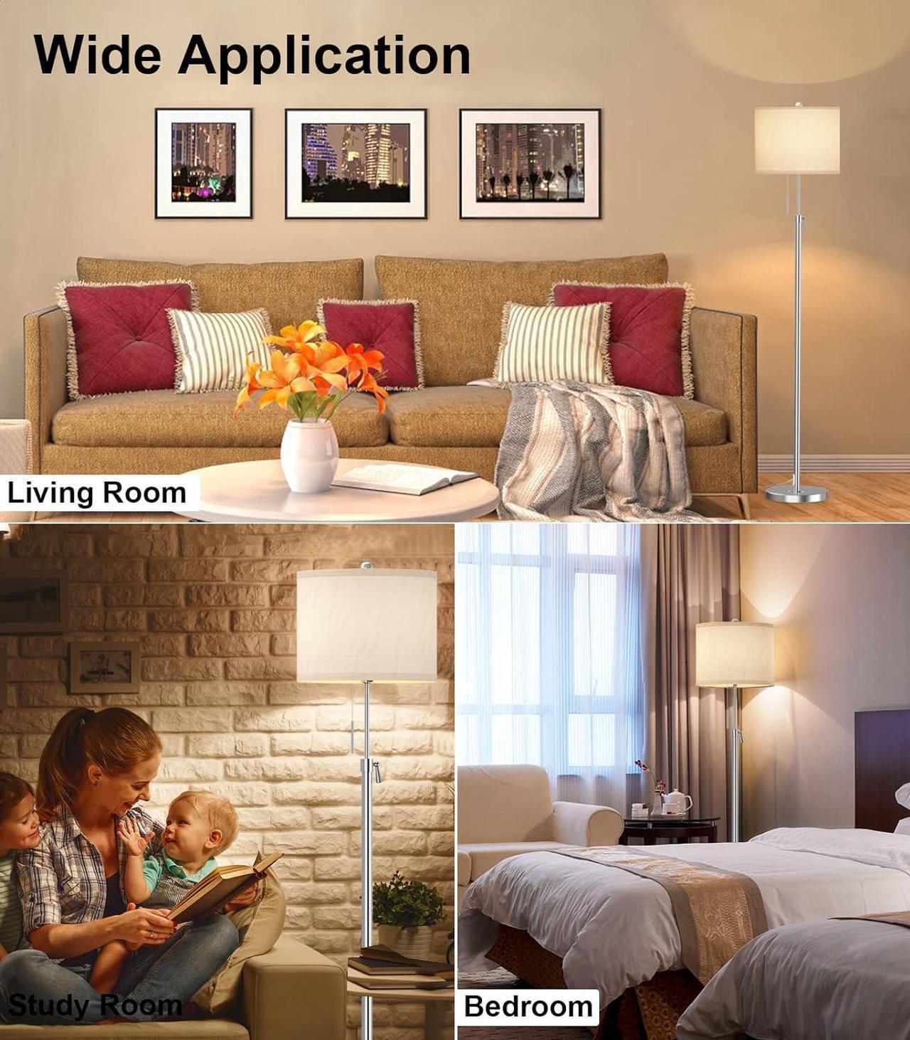 Alt view image 7 of 7 - Brushed Nickel Floor Lamp for Living Room, Adjustable Height Standing Lamp with Metal Base, 3-Way Dimmable Tall Pole Light with White Linen Shade for Bedroom, Pull Chain Switch, 6W LED Bulb Included