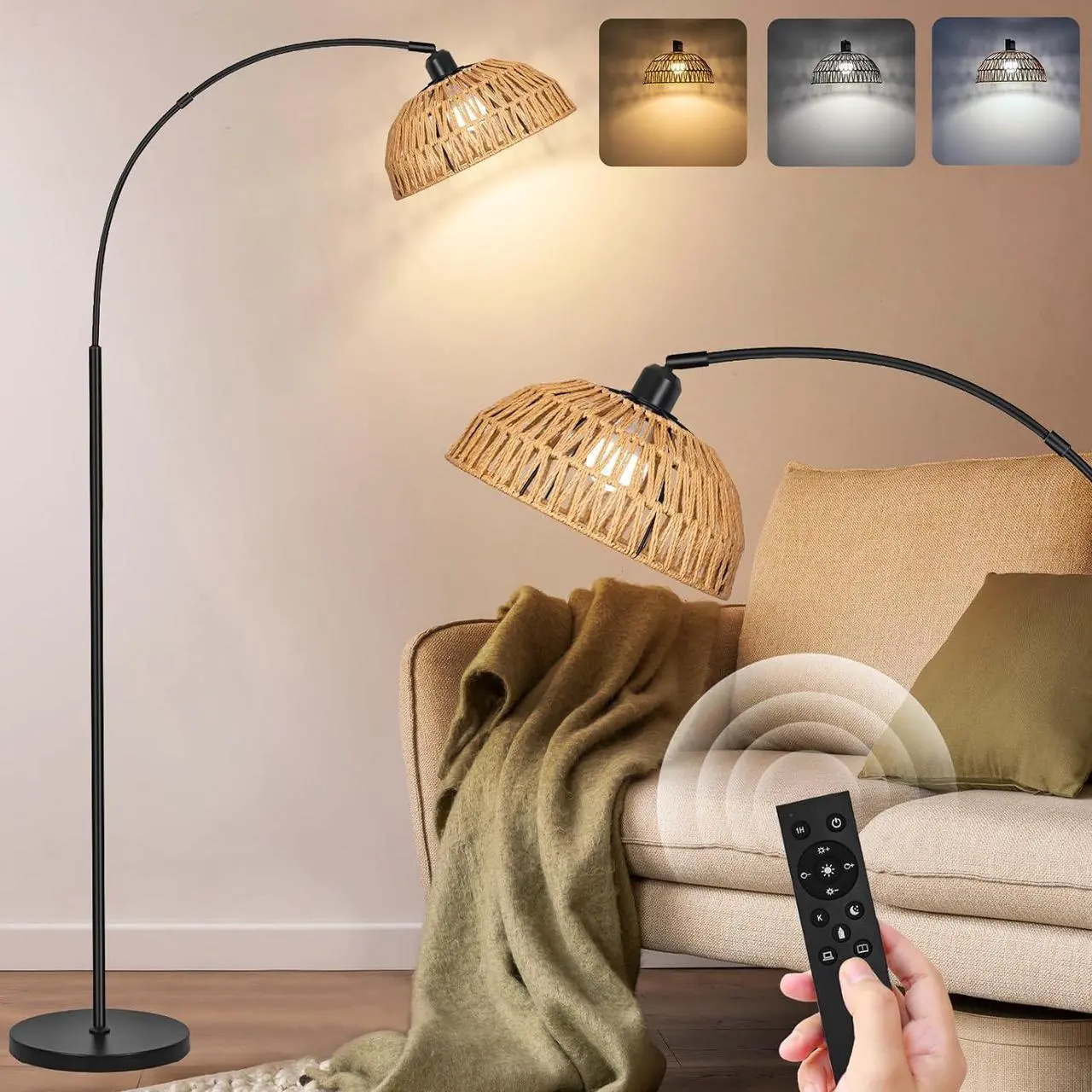 Main image of Rattan Floor Lamp- Modern Black Standing Floor Lamps with Remote Control and Stepless Dimmable Bulb, Hand-Worked Adjustable Rattan Lamp Shades Bohemian Floor Lamps for Living Room, Bedroom, Office