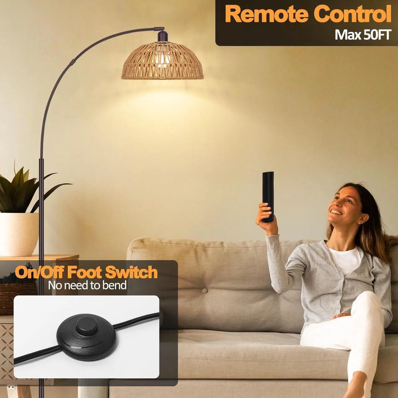 Alt view image 2 of 7 - Rattan Floor Lamp- Modern Black Standing Floor Lamps with Remote Control and Stepless Dimmable Bulb, Hand-Worked Adjustable Rattan Lamp Shades Bohemian Floor Lamps for Living Room, Bedroom, Office