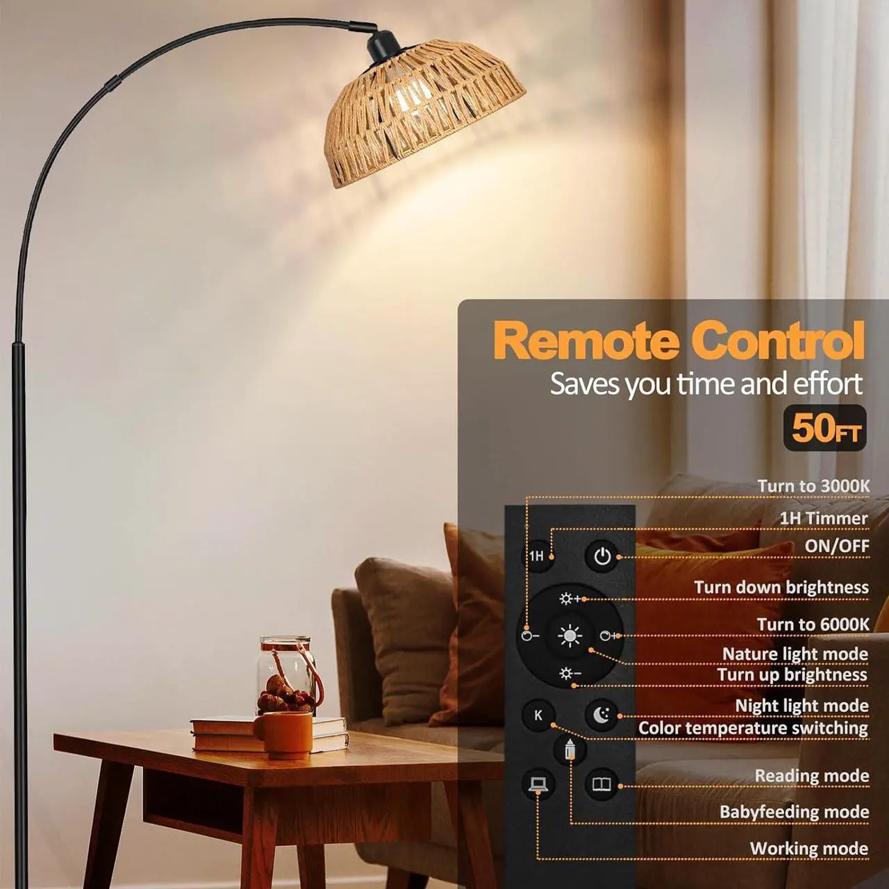 Alt view image 3 of 7 - Rattan Floor Lamp- Modern Black Standing Floor Lamps with Remote Control and Stepless Dimmable Bulb, Hand-Worked Adjustable Rattan Lamp Shades Bohemian Floor Lamps for Living Room, Bedroom, Office