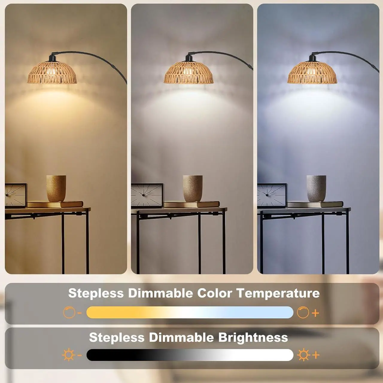 Alt view image 4 of 7 - Rattan Floor Lamp- Modern Black Standing Floor Lamps with Remote Control and Stepless Dimmable Bulb, Hand-Worked Adjustable Rattan Lamp Shades Bohemian Floor Lamps for Living Room, Bedroom, Office