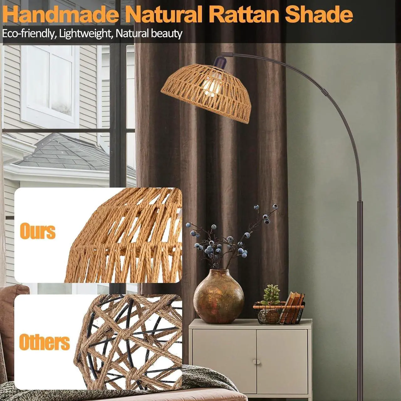 Alt view image 6 of 7 - Rattan Floor Lamp- Modern Black Standing Floor Lamps with Remote Control and Stepless Dimmable Bulb, Hand-Worked Adjustable Rattan Lamp Shades Bohemian Floor Lamps for Living Room, Bedroom, Office