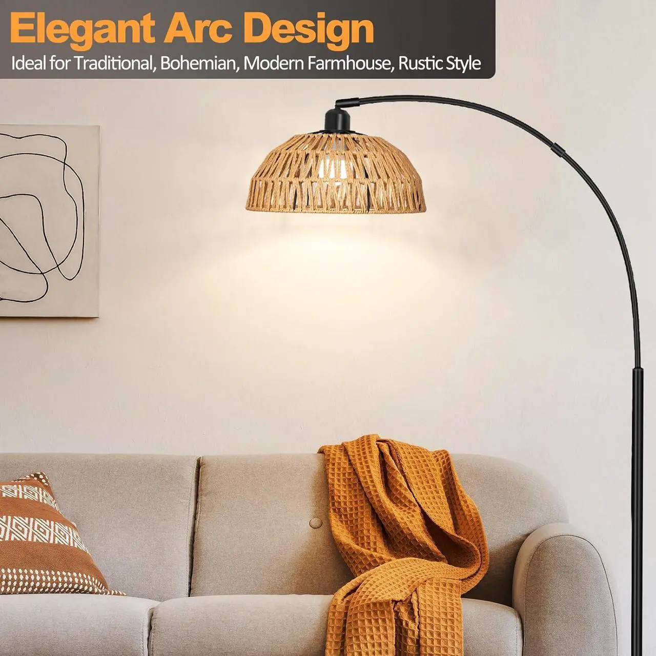Alt view image 7 of 7 - Rattan Floor Lamp- Modern Black Standing Floor Lamps with Remote Control and Stepless Dimmable Bulb, Hand-Worked Adjustable Rattan Lamp Shades Bohemian Floor Lamps for Living Room, Bedroom, Office