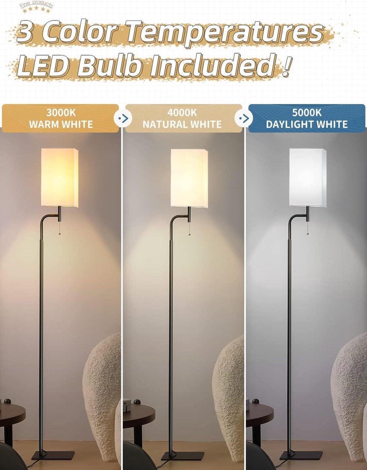 Alt view image 2 of 6 - Floor Lamps for Living Room, 3 Color Temperatures Tall Lamp, Modern Standing Lamp for Bedroom, Square Linen Shade, Minimalist Pole Lamp for Office Kids Room Working Reading
