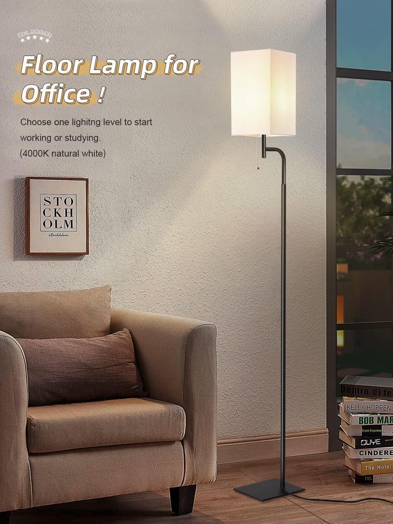 Alt view image 5 of 6 - Floor Lamps for Living Room, 3 Color Temperatures Tall Lamp, Modern Standing Lamp for Bedroom, Square Linen Shade, Minimalist Pole Lamp for Office Kids Room Working Reading