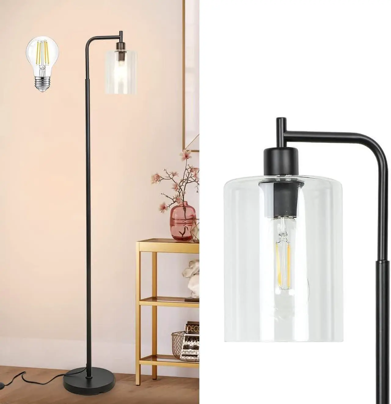Main image of Depuley Black Floor Lamp, Industrial LED Floor Lamps with Hanging Glass Shade, Farmhouse Standing Lamp Modern Tall Pole Lighting for Living Room, Bedroom, Office, Study Room, E26 Bulb Included