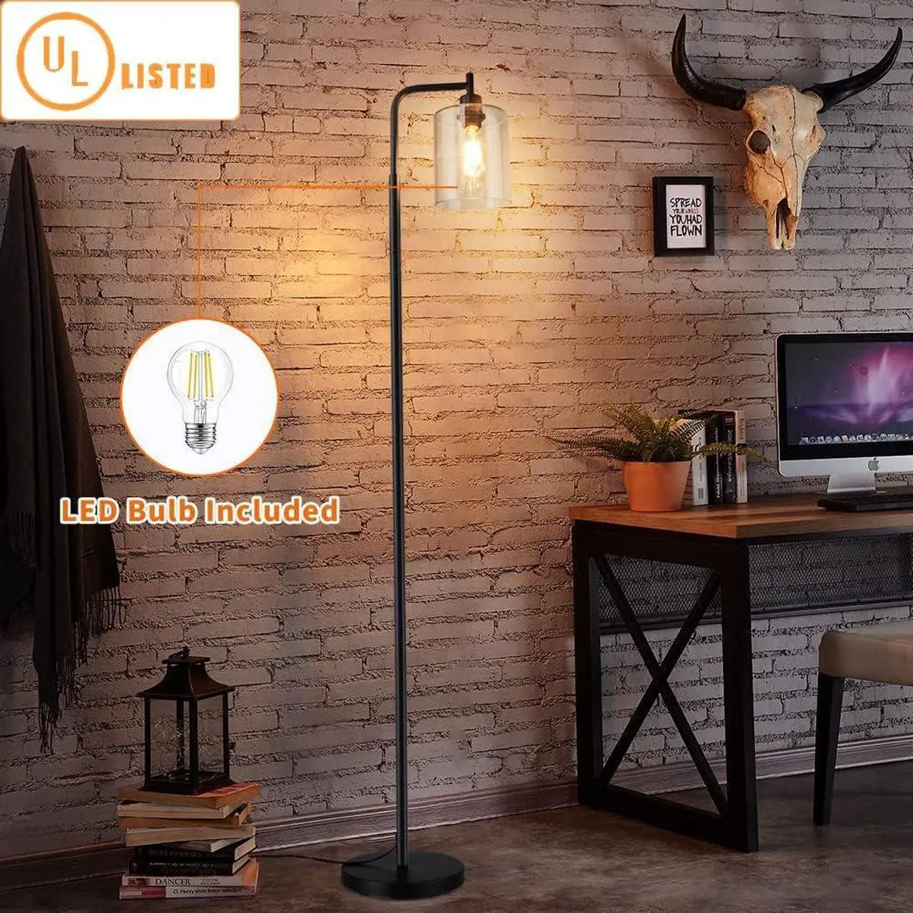 Alt view image 2 of 7 - Depuley Black Floor Lamp, Industrial LED Floor Lamps with Hanging Glass Shade, Farmhouse Standing Lamp Modern Tall Pole Lighting for Living Room, Bedroom, Office, Study Room, E26 Bulb Included
