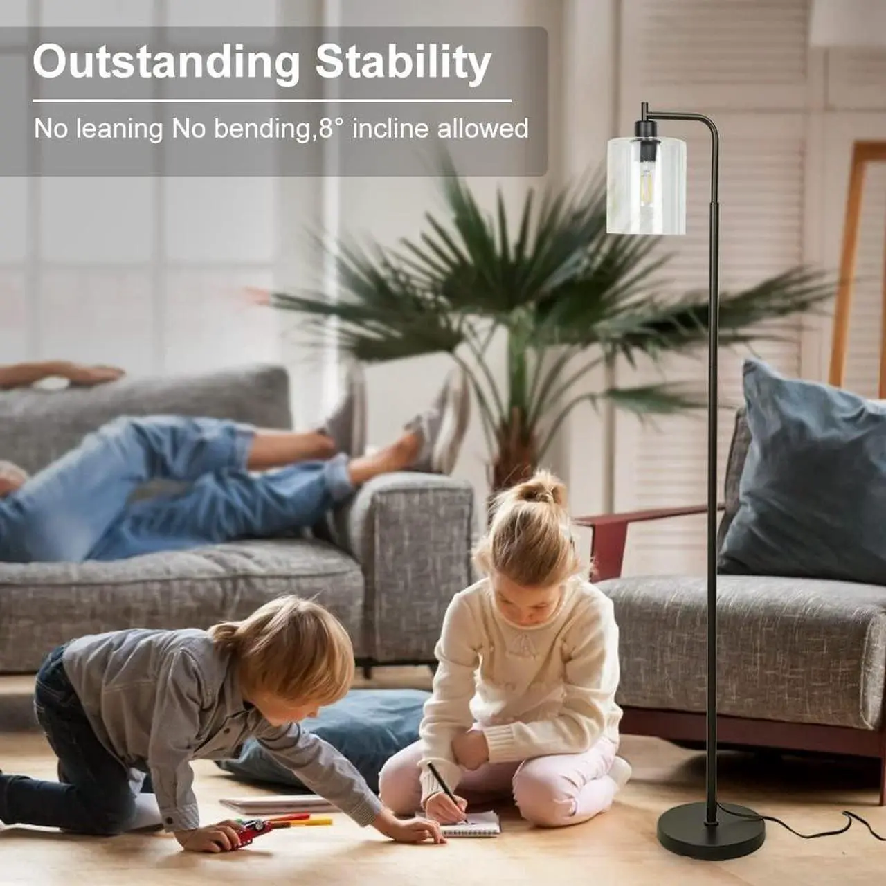 Alt view image 3 of 7 - Depuley Black Floor Lamp, Industrial LED Floor Lamps with Hanging Glass Shade, Farmhouse Standing Lamp Modern Tall Pole Lighting for Living Room, Bedroom, Office, Study Room, E26 Bulb Included