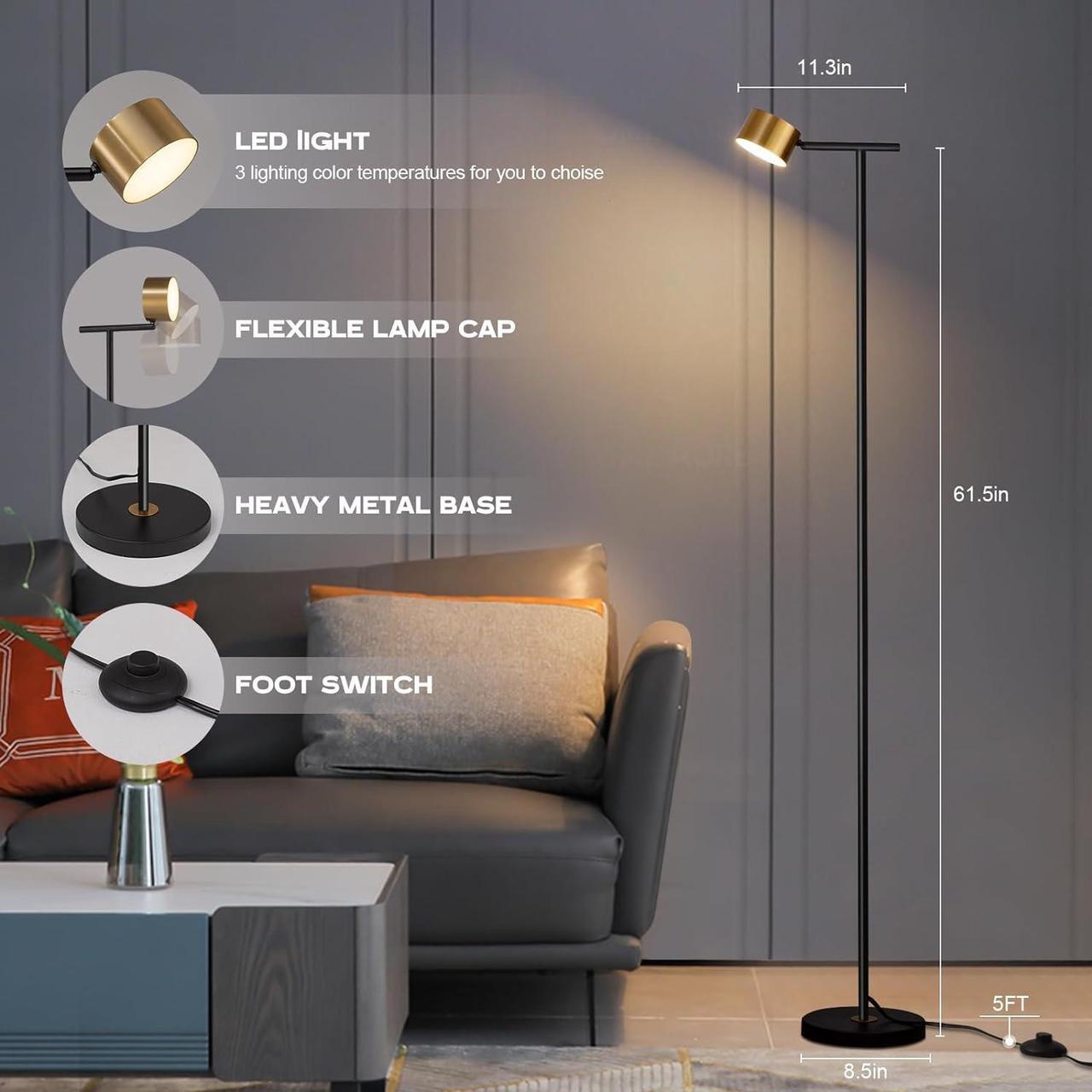 Alt view image 4 of 6 - Floor Lamps for Living Room, 3 Color Temperatures Floor Reading Lamp with Flexible Head,Modern Tall Floor Lamp for Bedroom,Standing Lamp for Office Working,Black
