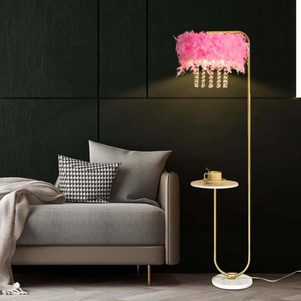 Alt view image 2 of 6 - beaysyty Unique Led Pink Feather Floor Lamp with Tray,Ostrich Feather Stand Lamp,Living Room Bedroom Office Shop Window Decoration Lamp,Foot Switch and Brass/Gold Finish Arc Floor Lamp