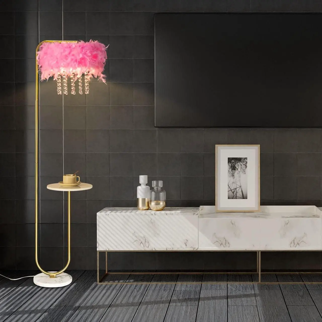 Alt view image 4 of 6 - beaysyty Unique Led Pink Feather Floor Lamp with Tray,Ostrich Feather Stand Lamp,Living Room Bedroom Office Shop Window Decoration Lamp,Foot Switch and Brass/Gold Finish Arc Floor Lamp