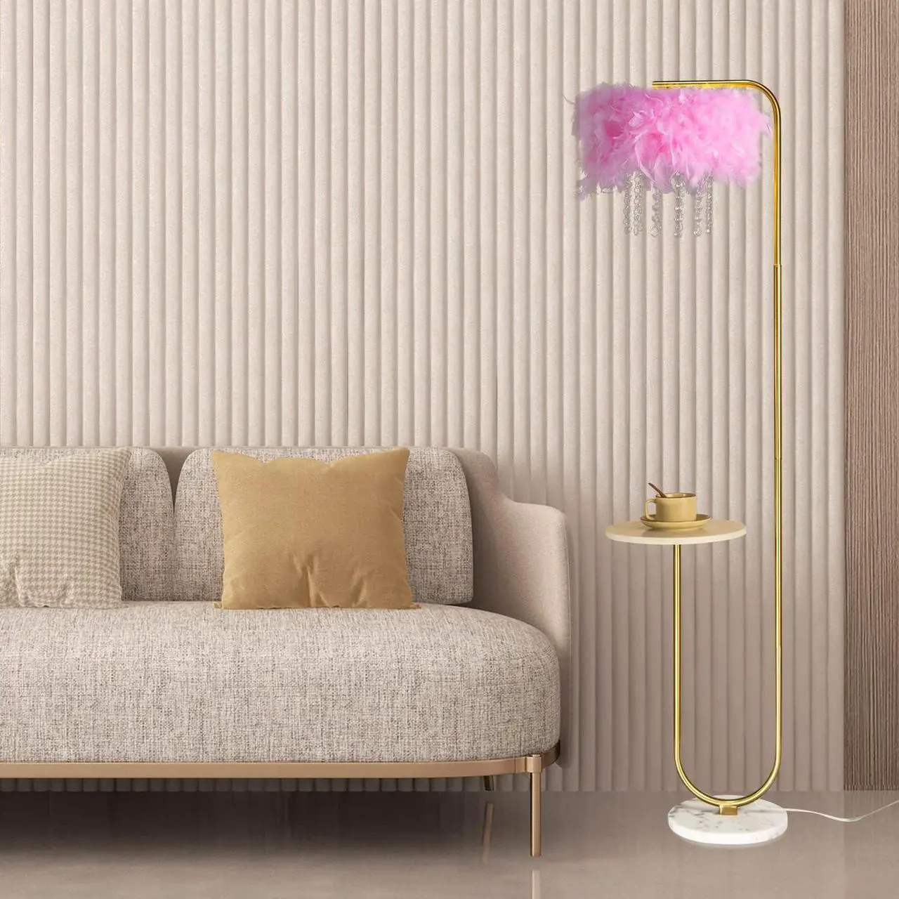 Alt view image 3 of 6 - beaysyty Unique Led Pink Feather Floor Lamp with Tray,Ostrich Feather Stand Lamp,Living Room Bedroom Office Shop Window Decoration Lamp,Foot Switch and Brass/Gold Finish Arc Floor Lamp
