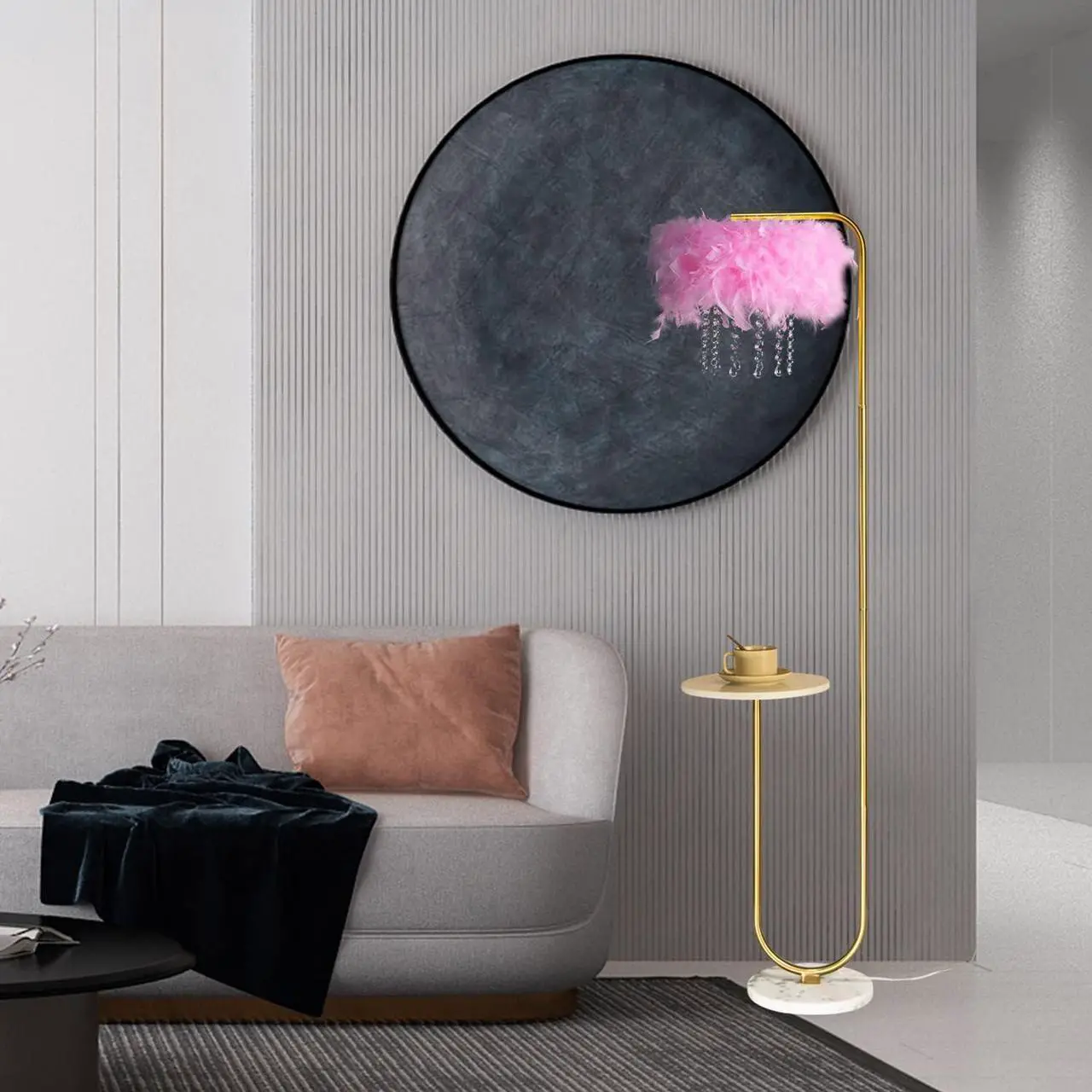 Alt view image 5 of 6 - beaysyty Unique Led Pink Feather Floor Lamp with Tray,Ostrich Feather Stand Lamp,Living Room Bedroom Office Shop Window Decoration Lamp,Foot Switch and Brass/Gold Finish Arc Floor Lamp