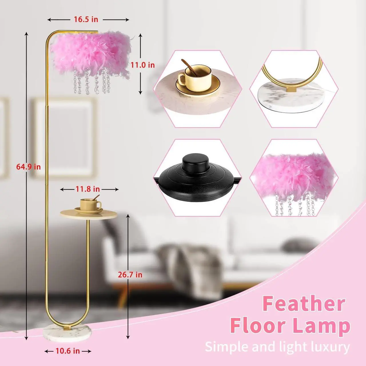 Alt view image 6 of 6 - beaysyty Unique Led Pink Feather Floor Lamp with Tray,Ostrich Feather Stand Lamp,Living Room Bedroom Office Shop Window Decoration Lamp,Foot Switch and Brass/Gold Finish Arc Floor Lamp