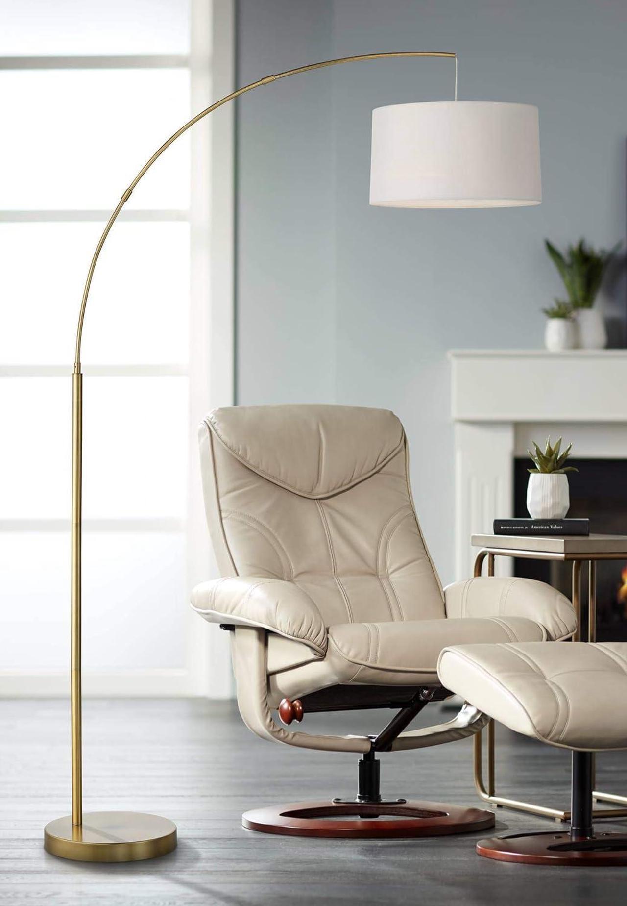 Main image of 360 Lighting Cora Modern Mid Century Arc Floor Lamp Standing 72" Tall Classic Brass Gold White Linen Drum Shade Decor for Living Room Reading Bedroom Office House Home Decor
