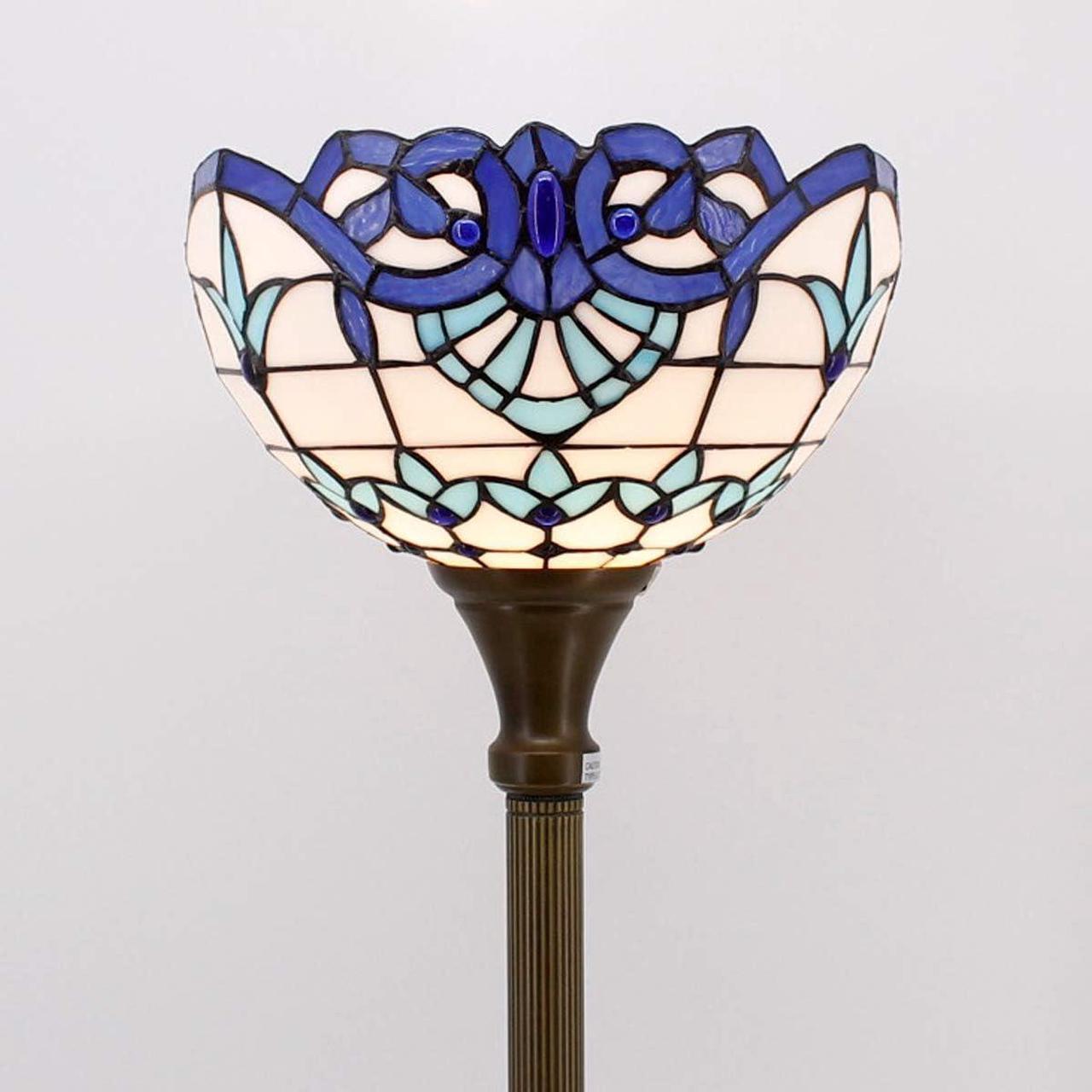 Alt view image 3 of 7 - WERFACTORY Tiffany Floor Lamp Navy Blue Baroque Stained Glass Light 12X12X66 Inches Pole Torchiere Standing Corner Torch Uplight Decor Bedroom Living Room Home Office S003B Series